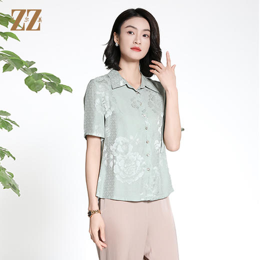 佐尔美夏季新款新中式国风时尚气质100%桑蚕丝短袖衬衣女M42CS85 商品图1