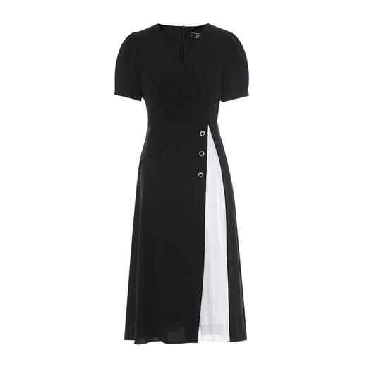 EITIE爱特爱气质V领百褶拼接收腰显瘦黑色连衣裙2025夏季新款B2507622 商品图5