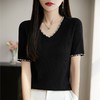 雀说法式钉珠V领短袖T恤新款修身精纺薄针织衫小性感半袖上衣AL2575 商品缩略图1