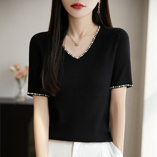 雀说法式钉珠V领短袖T恤新款修身精纺薄针织衫小性感半袖上衣AL2575 商品图1