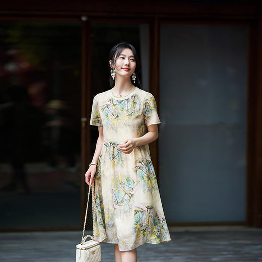 丁摩新品女装显瘦显高小个子款真丝印花连衣裙AL80020 商品图1