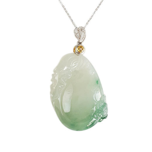 【天然正品】AU750白金镶钻镶天然无纹裂冰种飘蓝花如意（万事如意）翡翠吊坠项链60.6*33.4*7.7MM（皆取最大值）女士现售价：6880！080425AH66 商品图0