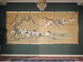 【已售】独角鹿西洋古董 19世纪日本明治时期出品「粉梅群鹤」主题纸本设色洒金六曲屏风