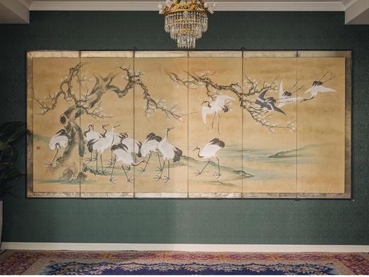 【已售】独角鹿西洋古董 19世纪日本明治时期出品「粉梅群鹤」主题纸本设色洒金六曲屏风 商品图0