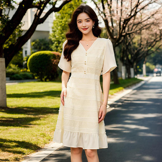 奢姿大码女装2025夏季V领时尚连衣裙胖妹妹减龄荷叶边拼接裙子9952893044 商品图4