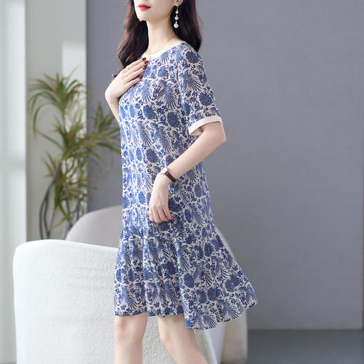 丁摩 国风青花瓷印花短裙夏季女裝小个子桑蚕丝裙子连衣裙女5ZF-46850 商品图1