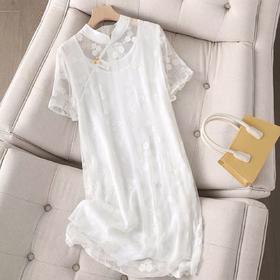 丁摩 真丝立领盘扣白色新款复古风桑蚕丝裙子短袖收腰旗袍连衣裙5ZF-3001