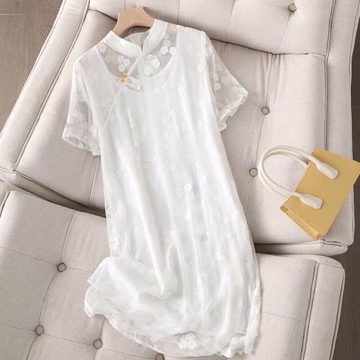 丁摩 真丝立领盘扣白色新款复古风桑蚕丝裙子短袖收腰旗袍连衣裙5ZF-3001 商品图0