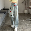 丁摩 重工刺绣牛仔裤女春秋季新款浅色休闲阔腿裤直筒拖地裤子卡通5ZF-0671 商品缩略图1