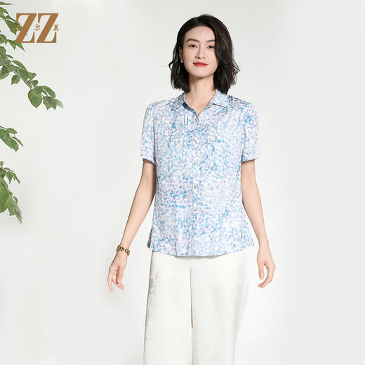 佐尔美夏季新款新中式国风时尚气质桑蚕丝短袖衬衣女M42CS26 商品图3