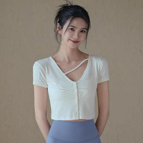 跃牌【周游世界系列】春夏新款瑜伽服女纽扣开衫修身显瘦短袖透气辣妹T恤TP0865