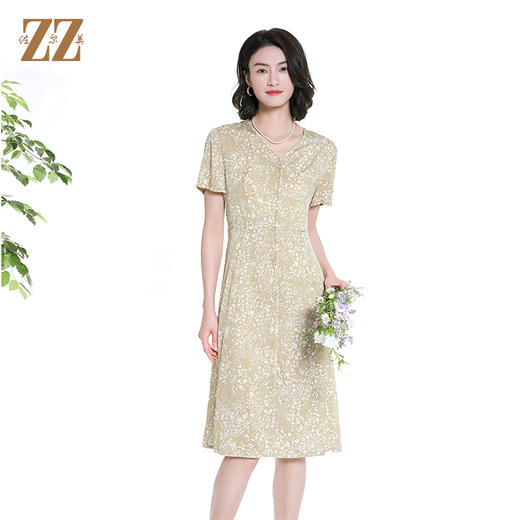 佐尔美夏季新款时尚气质碎花桑蚕丝短袖连衣裙女M42LS39 商品图0