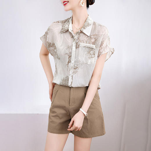 丁摩新款夏季上衣职业通勤大众设计印花真丝衬衫女桑蚕丝短袖衬衣AL120020 商品图6