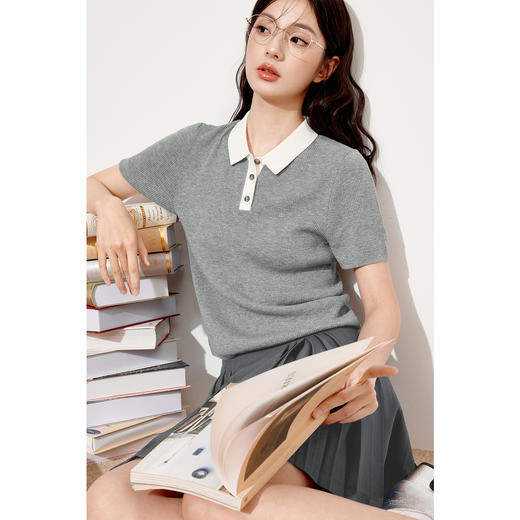 【商场同款】诗凡黎灰色莱赛尔polo领针织衫2024秋新款3F7731761 商品图2