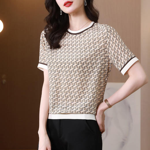 丁摩 真丝T恤女衬衫夏季新款短袖印花设计感高端桑蚕丝上衣5ZF-401 商品图1