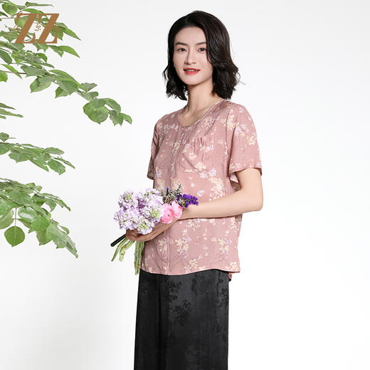 佐尔美夏季新款新中式国风时尚气质桑蚕丝短袖衬衣女M42CS77 商品图1