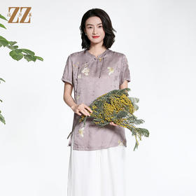 佐尔美夏季新款新中式国风时尚气质桑蚕丝短袖衬衣女M42CS94