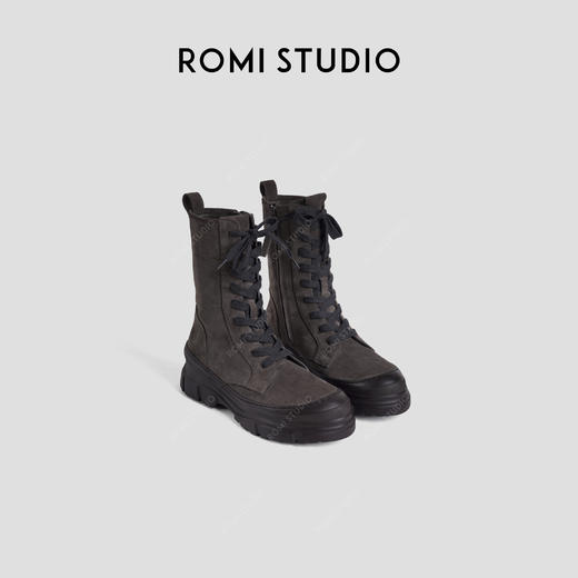 ROMI STUDIO“从容自我”牛反绒厚底多地形系带侧拉链短靴 437D4020 商品图0
