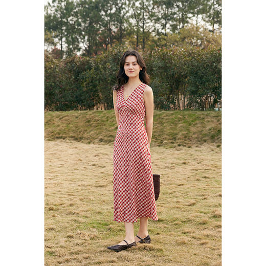 （小眠专属）HeyDress法式红色格子连衣裙女夏季小众设计感收腰显瘦背心裙子 商品图0