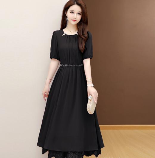 QYM 25X9532-Y雪纺连衣裙百褶裙时尚拼结蕾丝下摆中长裙 商品图1