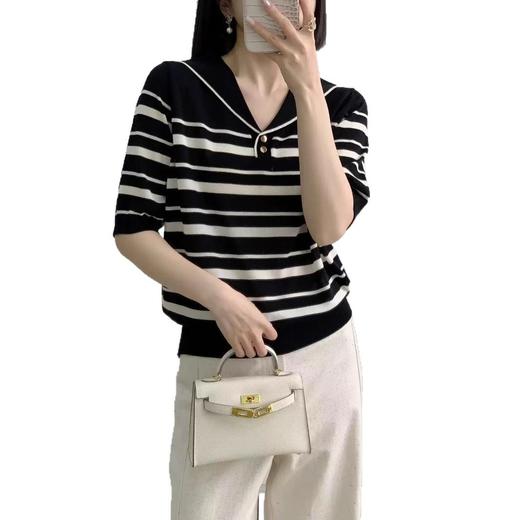 雀说天丝莱赛尔~海军领条纹针织衫女春夏休闲百搭气质宽松短袖套头衫ALSN338 商品图2