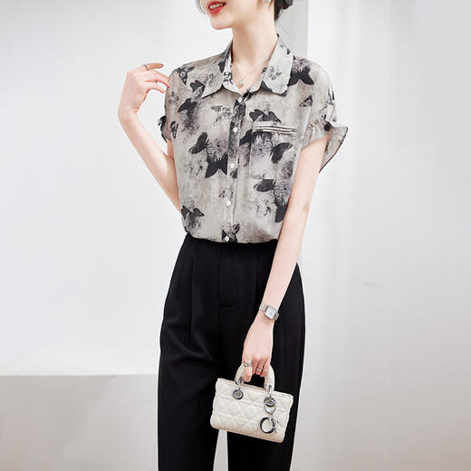 丁摩新款夏季上衣职业通勤大众设计印花真丝衬衫女桑蚕丝短袖衬衣AL120020 商品图1