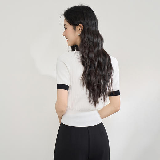 气质优雅撞色包边V领短款毛织衫女夏季软糯显瘦上衣V0050356/V0051033 商品图4
