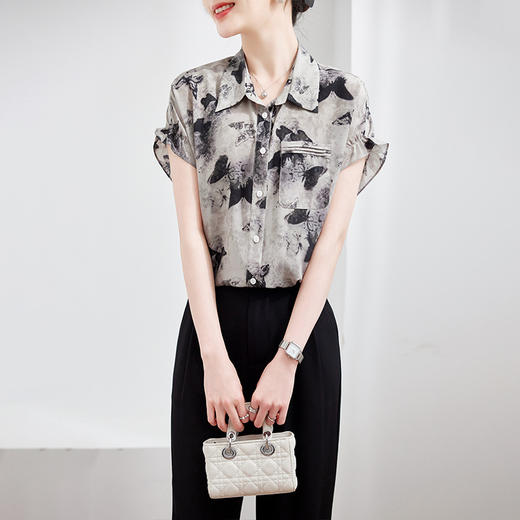 丁摩新款夏季上衣职业通勤大众设计印花真丝衬衫女桑蚕丝短袖衬衣AL120020 商品图0