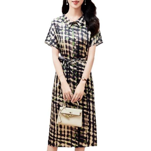 丁摩 重磅真丝连衣裙女中长款夏装新款印花系带修身桑蚕丝衬衫裙5ZF- 0153S 商品图4