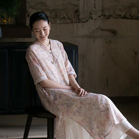 牧衣游原创 丝棉印染连衣裙夏轻薄柔软V领宽松文艺长裙 椒聊之实