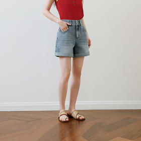 【严选】诗凡黎丹宁风弹力牛仔短裤女2025夏新款棉质舒适遮胯显瘦A字裤子7G4250281