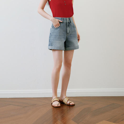 【严选】诗凡黎丹宁风弹力牛仔短裤女2025夏新款棉质舒适遮胯显瘦A字裤子7G4250281 商品图0