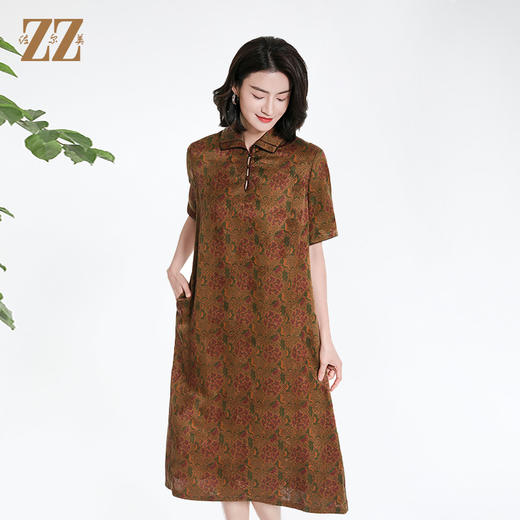 佐尔美夏季新款新中式国风时尚气质桑蚕丝短袖连衣裙女M42LS02 商品图1