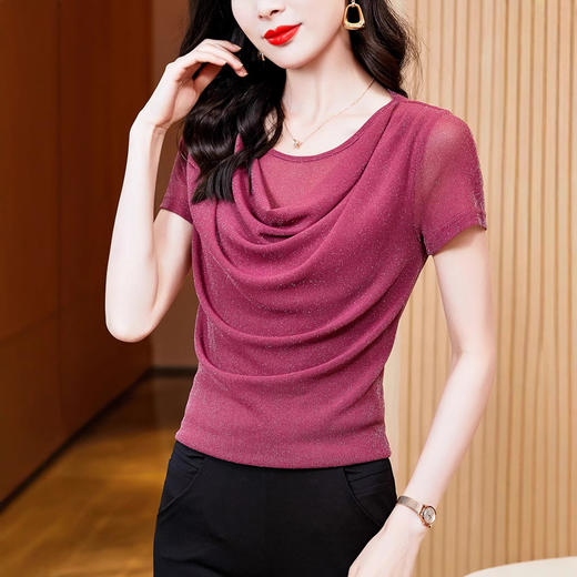 KQL E37M2586洋气修身显瘦纯色荡领网纱短袖打底小衫t恤 商品图1