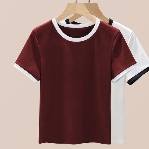 丁摩 盐系撞色拼接弹力正肩上衣新款高端灰色圆领短袖t恤女夏季5ZF-719 商品图3