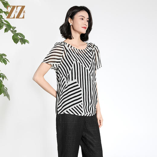 佐尔美夏季新款新中式国风时尚气质桑蚕丝短袖衬衣女M42CS27 商品图1