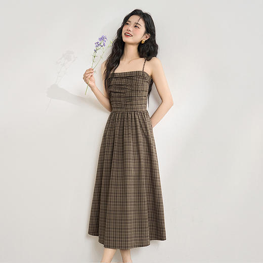 美拉德法式复古格纹吊带裙女夏季收褶打揽收腰连衣裙V1050584 商品图1