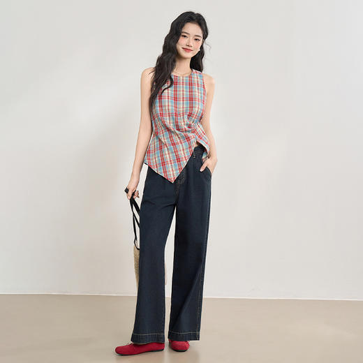 【复古多巴胺】不规则设计感彩色格子衬衣女夏季背心上衣V1050592 商品图1