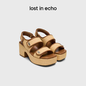 lost in echo2025年夏季新款度假风双条带草编厚底增高粗跟凉鞋女