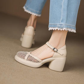 【预售5天】超轻超软舒适镂空网纱包头粗跟凉鞋女新款夏季真皮厚底一字扣高跟鞋ZYY&A1196