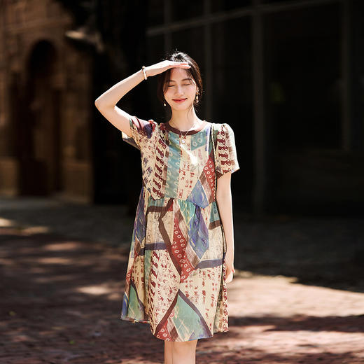 丁摩新品女装显瘦显高小个子款真丝印花连衣裙AL80017 商品图1
