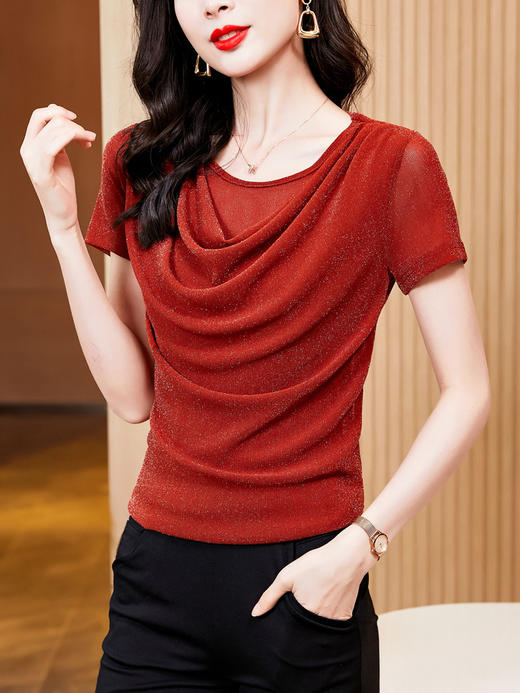 KQL E37M2586洋气修身显瘦纯色荡领网纱短袖打底小衫t恤 商品图6