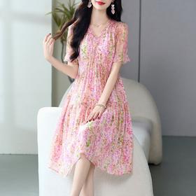 丁摩 小个子桑蚕丝粉色碎花真丝连衣裙女装夏高级感5ZF-69463