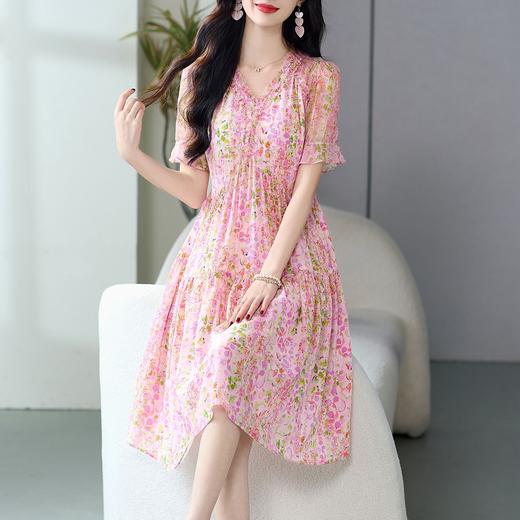 丁摩 小个子桑蚕丝粉色碎花真丝连衣裙女装夏高级感5ZF-69463 商品图0