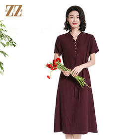 佐尔美夏季新款新中式国风100%桑蚕丝莨绸短袖连衣裙女M42LS07