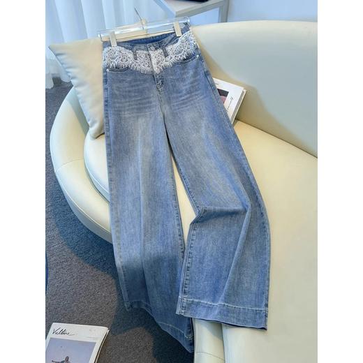 丁摩 蕾丝阔腿牛仔裤女春秋季新款高腰显瘦拖地裤垂感浅色直筒裤子5ZF-8073 商品图0