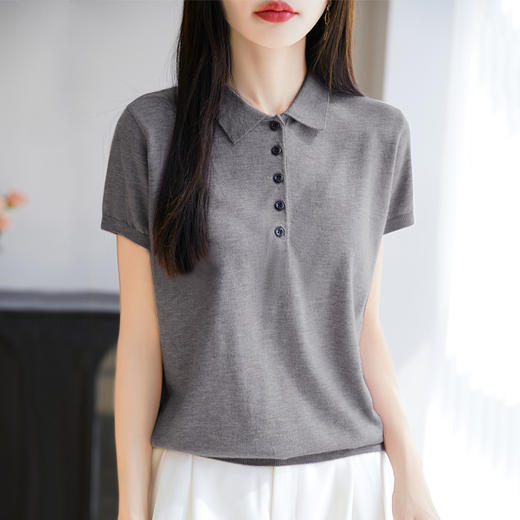 丁摩桑蚕丝羊毛半开扣POLO领短袖T恤女纯色打底翻领薄款透气气质上衣AL5029 商品图3