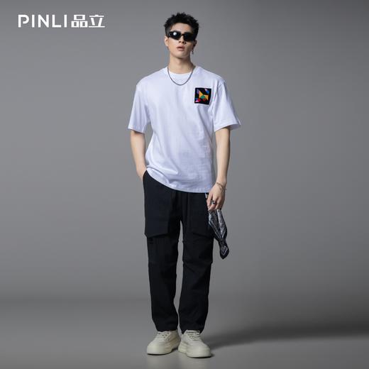 PINLI品立2025夏季新款男士贴布绣花落肩圆领短袖T恤BG252111046 商品图2