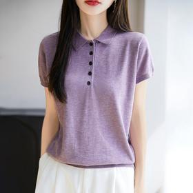 丁摩桑蚕丝羊毛半开扣POLO领短袖T恤女纯色打底翻领薄款透气气质上衣AL5029