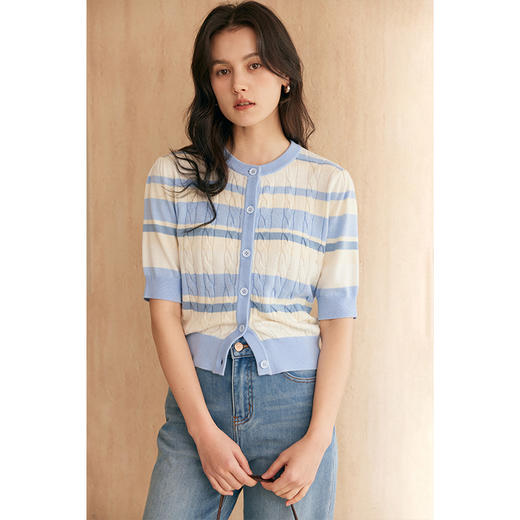 HeyDress法式绞花条纹针织开衫女夏季宽松气质短款蓝色泡泡袖上衣 商品图0